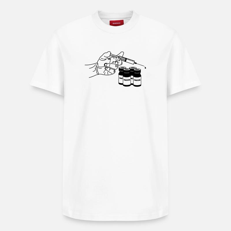 Hand mit Impfspritze und Gläsern - Relaxed Unisex Supima Cotton T-Shirt – von SPREAD - Weiß