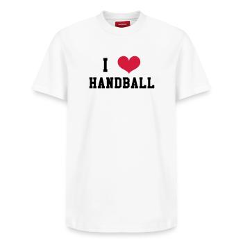 I Love Handball - Relaxed Unisex Supima Cotton T-Shirt – by SPREAD - white - Front - AI Model Female 172 dark (172cm) & AI Model Male 185 dark (185cm)