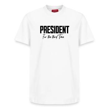 President for the third time in the USA - Relaxed Unisex Supima Cotton T-Shirt – by SPREAD - white - Front - AI Model Female 172 dark (172cm) & AI Model Male 185 dark (185cm)