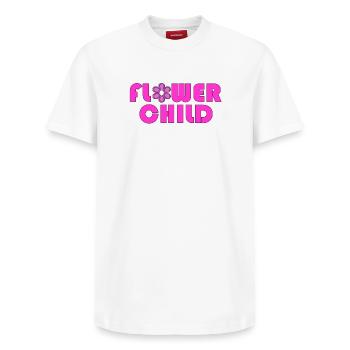 T-shirt Flower Child Logo néon - T-shirt unisexe décontracté en coton Supima – de SPREAD - blanc - Devant - AI Model Female 172 dark (172cm) & AI Model Male 185 dark (185cm)