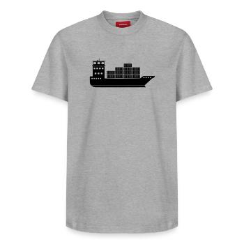 Sea container ship or boat with containers - Relaxed Unisex Supima Cotton T-Shirt – by SPREAD - white - Front - AI Model Female 172 dark (172cm) & AI Model Male 185 dark (185cm)