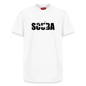 Scuba Design für Tauchsport-Liebhaber - Relaxed Unisex Supima Cotton T-Shirt – von SPREAD - Weiß - Vorne - AI Model Female 172 dark (172cm) & AI Model Male 185 dark (185cm)