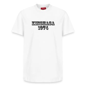 Kinshasa 1974 - Relaxed Unisex Supima Cotton T-Shirt – by SPREAD - white - Front - AI Model Female 172 dark (172cm) & AI Model Male 185 dark (185cm)