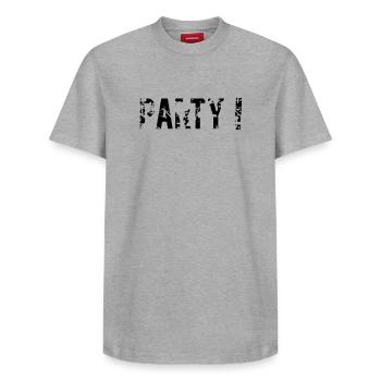 Party - Relaxed Unisex Supima Cotton T-Shirt – by SPREAD - white - Front - AI Model Female 172 dark (172cm) & AI Model Male 185 dark (185cm)