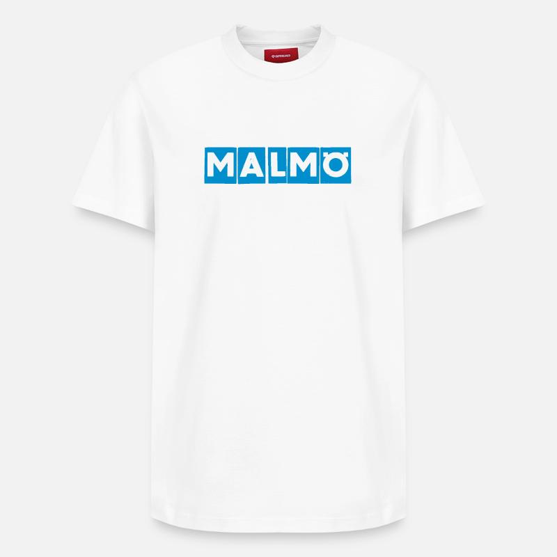 Malmö – Conception de texte bleu - T-shirt unisexe décontracté en coton Supima – de SPREAD - blanc