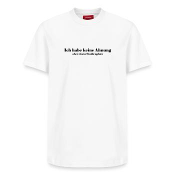 Study place - Relaxed Unisex Supima Cotton T-Shirt – by SPREAD - white - Front - AI Model Female 172 dark (172cm) & AI Model Male 185 dark (185cm)