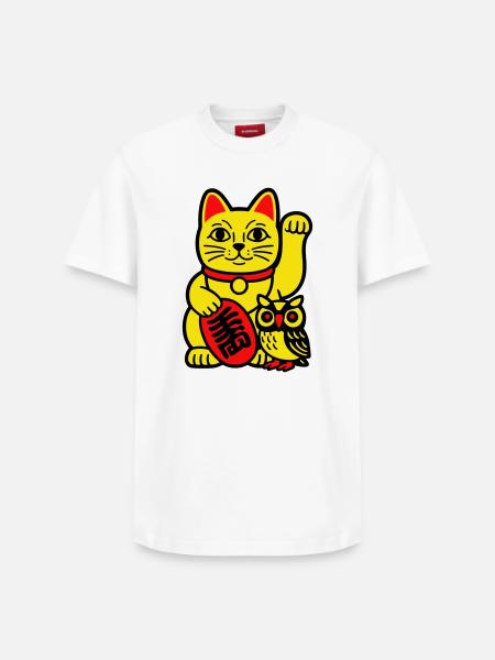 Lucky cat with little owl - Relaxed Unisex Supima Cotton T-Shirt – by SPREAD - white