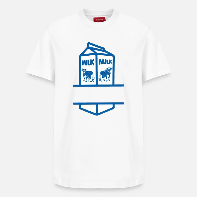 Blauer Milchkarton mit Kuh-eigenem Text - Relaxed Unisex Supima Cotton T-Shirt – von SPREAD - Weiß