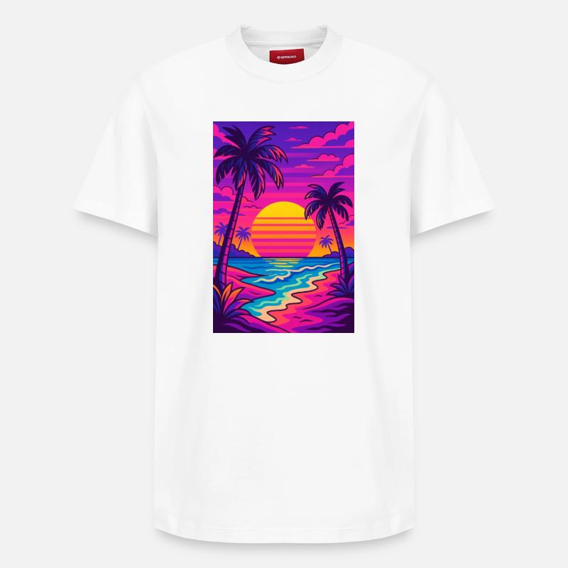 rétro-années 80-néon-plage-synthwave-art - T-shirt unisexe décontracté en coton Supima – de SPREAD - blanc