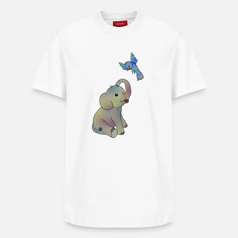 Elefant und blauer Vogel - Relaxed Unisex Supima Cotton T-Shirt – von SPREAD - Weiß