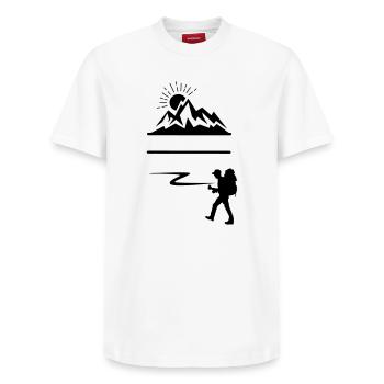 Backpack hiker, mountains on background banner - Relaxed Unisex Supima Cotton T-Shirt – by SPREAD - white - Front - AI Model Female 172 dark (172cm) & AI Model Male 185 dark (185cm)