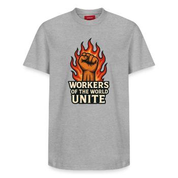 Poings et flammes – Arbeiterwelt Unite - T-shirt unisexe décontracté en coton Supima – de SPREAD - gris chiné - Devant - AI Model Female 172 dark (172cm) & AI Model Male 185 dark (185cm)
