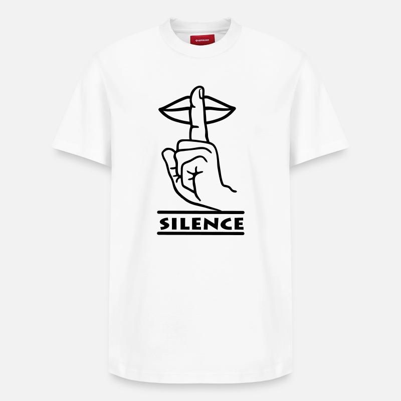 Hand mit Finger Stille Handgeste 'STILLE' - Relaxed Unisex Supima Cotton T-Shirt – von SPREAD - Weiß