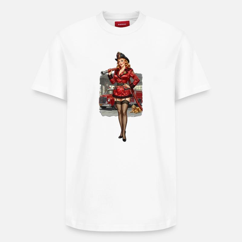Pompier pin-up en rouge - T-shirt unisexe décontracté en coton Supima – de SPREAD - blanc