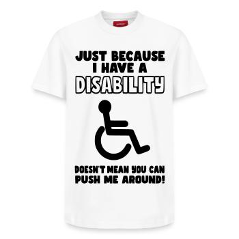 Even though I have a disability, wheelchair does not push* - Relaxed Unisex Supima Cotton T-Shirt – by SPREAD - white - Front - AI Model Female 172 dark (172cm) & AI Model Male 185 dark (185cm)