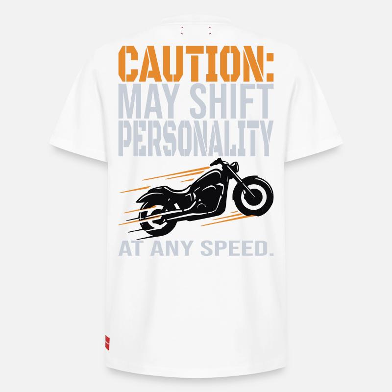 Caution – Personality Shift Biker Design - Relaxed Unisex Supima Cotton T-Shirt – von SPREAD - Weiß