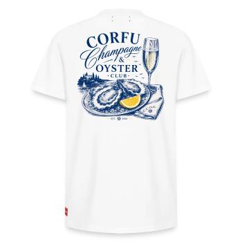 Corfu Champ*gne & Oyster Club Logo - Relaxed Unisex Supima Cotton T-Shirt – von SPREAD - Weiß - Hinten - AI Model Male 185 dark (185cm)