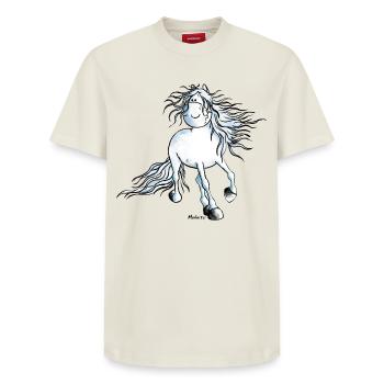 "White Beauty" - Pferd - Andalusier - Relaxed Unisex Supima Cotton T-Shirt – von SPREAD - Naturweiß - Vorne - AI Model Female 172 dark (172cm) & AI Model Male 185 dark (185cm)