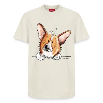 Knuffiger Welsh Corgi Cardigan - Relaxed Unisex Supima Cotton T-Shirt – von SPREAD - Naturweiß - Vorne - AI Model Female 172 dark (172cm) & AI Model Male 185 dark (185cm)