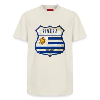 Rivera Uruguay Vintage Design - Relaxed Unisex Supima Cotton T-Shirt – by SPREAD - off white - Front - AI Model Female 172 dark (172cm) & AI Model Male 185 dark (185cm)