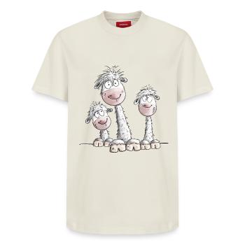 Funny Llama Trio I Alpaca Design - Relaxed Unisex Supima Cotton T-Shirt – by SPREAD - off white - Front - AI Model Female 172 dark (172cm) & AI Model Male 185 dark (185cm)
