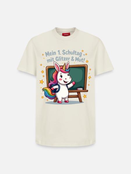 Schuleinhorn – 1. Klasse mit Glitzerstart - Relaxed Unisex Supima Cotton T-Shirt – von SPREAD - Naturweiß