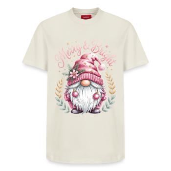 Merry & Bright Christmas Gnome Pink - Relaxed Unisex Supima Cotton T-Shirt – by SPREAD - off white - Front - AI Model Female 172 dark (172cm) & AI Model Male 185 dark (185cm)