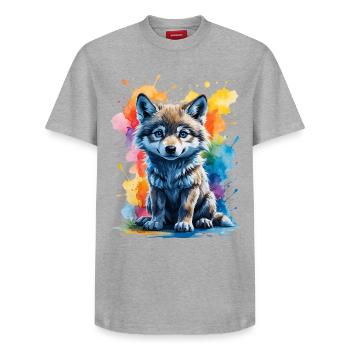 Aquarell-Wolfswelpe im Farbsplash - Relaxed Unisex Supima Cotton T-Shirt – von SPREAD - Grau meliert - Vorne - AI Model Female 172 dark (172cm) & AI Model Male 185 dark (185cm)