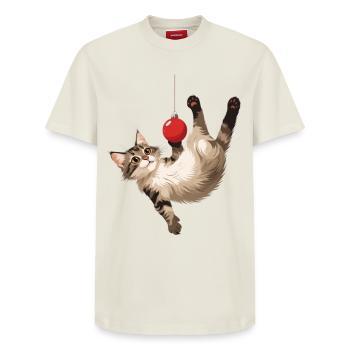 Katzenakrobat Ballspiel - Relaxed Unisex Supima Cotton T-Shirt – von SPREAD - Naturweiß - Vorne - AI Model Female 172 dark (172cm) & AI Model Male 185 dark (185cm)