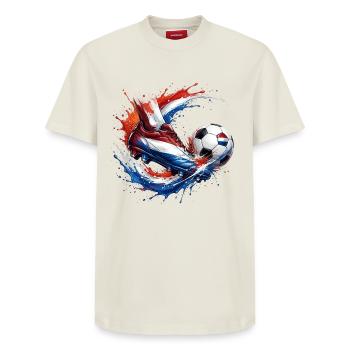 Fußball - Niederlande - Relaxed Unisex Supima Cotton T-Shirt – von SPREAD - Naturweiß - Vorne - AI Model Female 172 dark (172cm) & AI Model Male 185 dark (185cm)