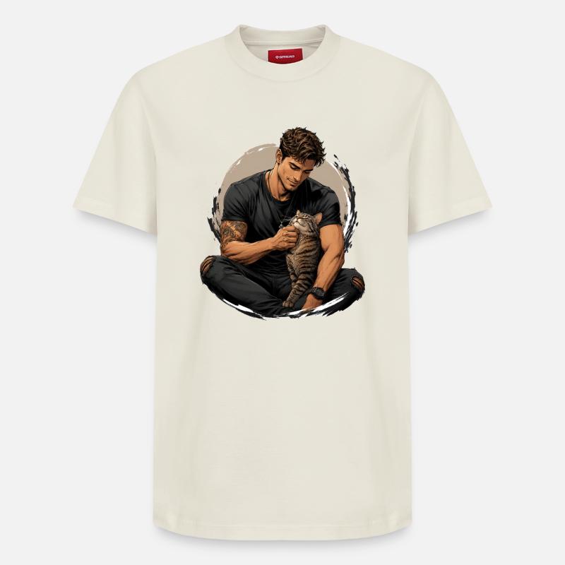 Homme avec chat : proximité silencieuse - T-shirt unisexe décontracté en coton Supima – de SPREAD - blanc cassé