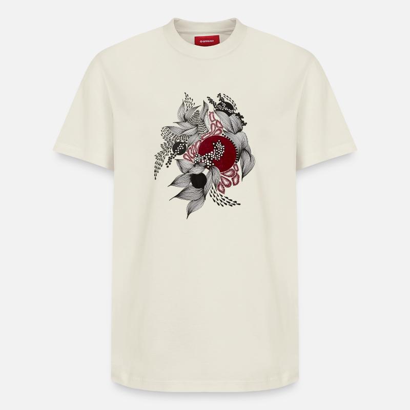 Cercle rouge avec feuilles argentées - T-shirt unisexe décontracté en coton Supima – de SPREAD - blanc cassé