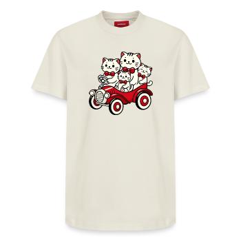 Cat Family in Vintage Red Car - Relaxed Unisex Supima Cotton T-Shirt – by SPREAD - off white - Front - AI Model Female 172 dark (172cm) & AI Model Male 185 dark (185cm)