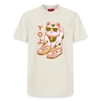 Yo Cat Streetwear Sneakers - Relaxed Unisex Supima Cotton T-Shirt – by SPREAD - off white - Front - AI Model Female 172 dark (172cm) & AI Model Male 185 dark (185cm)
