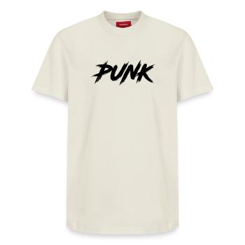 PUNK - Relaxed Unisex Supima Cotton T-Shirt – von SPREAD - Naturweiß - Vorne - AI Model Female 172 dark (172cm) & AI Model Male 185 dark (185cm)