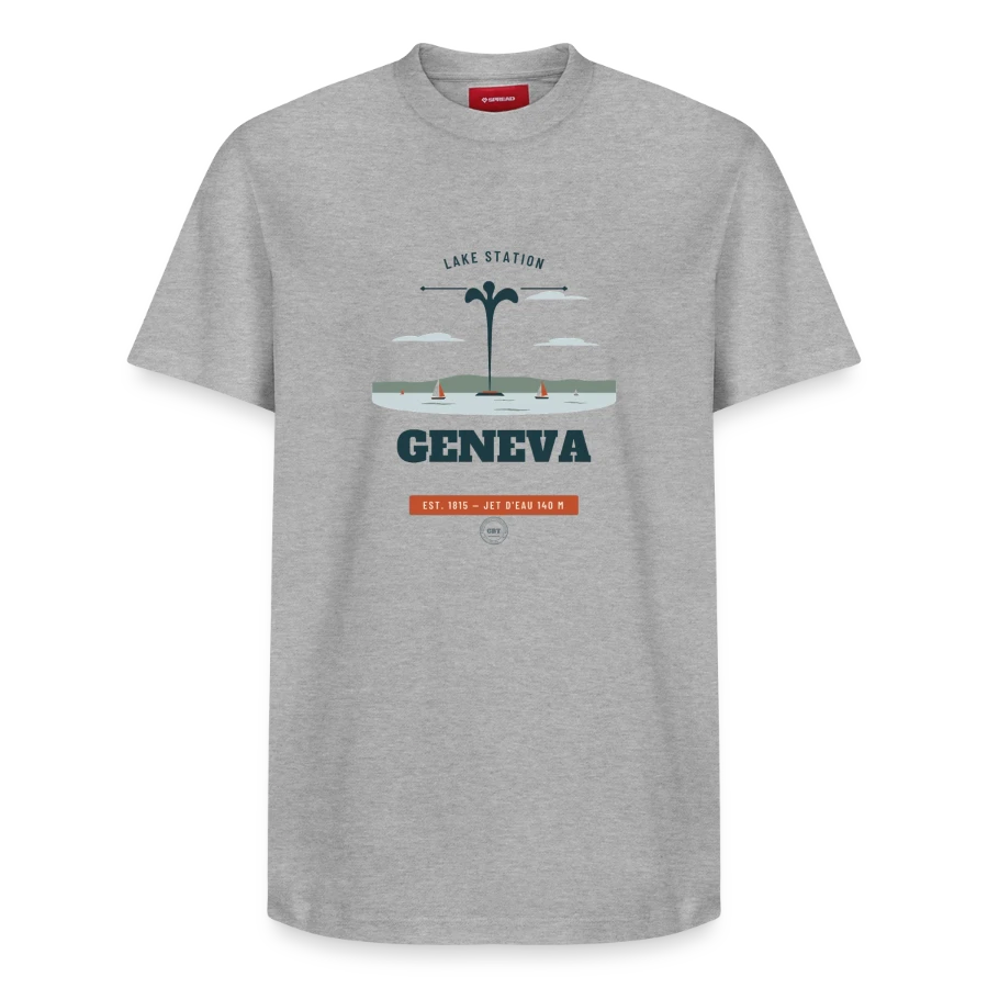 Geneva badge on a relaxed unisex supima cotton t-shirt – by spread, heather grey