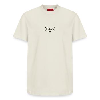 Volkswagen VW Bulli Outlines Vorne Schwarz Stick - Relaxed Unisex Supima Cotton T-Shirt – von SPREAD - Naturweiß - Vorne - AI Model Female 172 dark (172cm) & AI Model Male 185 dark (185cm)