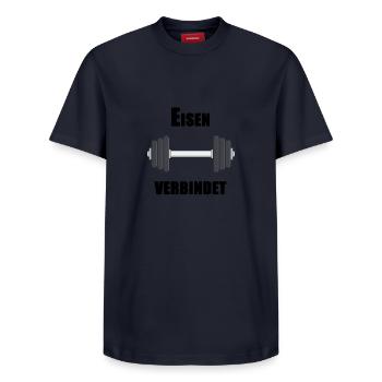 Compact Dumbbell Icon Illustration - Relaxed Unisex Supima Cotton T-Shirt – by SPREAD - navy - Front - AI Model Female 172 light (172cm) & AI Model Male 178 light (178cm)