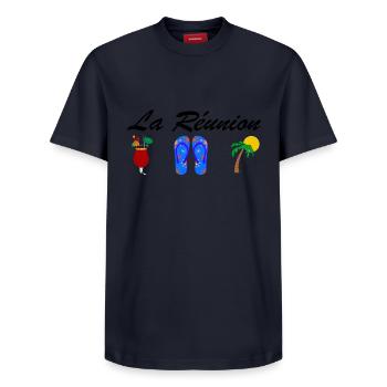 Tee shirt La réunion soleil rhum océan plage - T-shirt unisexe décontracté en coton Supima – de SPREAD - bleu marine - Devant - AI Model Female 172 light (172cm) & AI Model Male 178 light (178cm)