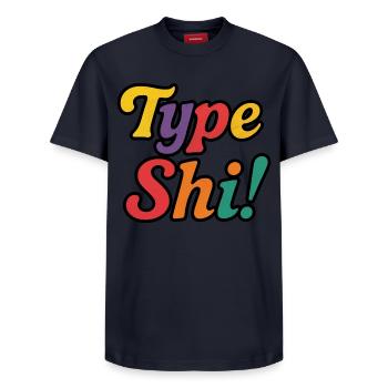 Type Shi! – Colorful, Trendy & Bold Text Design - Relaxed Unisex Supima Cotton T-Shirt – by SPREAD - navy - Front - AI Model Female 172 light (172cm) & AI Model Male 178 light (178cm)