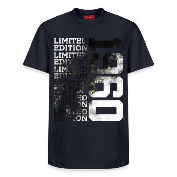 66 YEARS LIMITED EDITION 1960 66TH BIRTHDAY - Relaxed Unisex Supima Cotton T-Shirt – by SPREAD - navy - Front - AI Model Female 172 light (172cm) & AI Model Male 178 light (178cm)