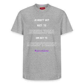 Sarcoidosis acceptance - Relaxed Unisex Supima Cotton T-Shirt – by SPREAD - heather grey - Front - AI Model Female 172 dark (172cm) & AI Model Male 185 dark (185cm)