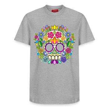 Sugar Skull Floral Calavera Day of the Dead - Relaxed Unisex Supima Cotton T-Shirt – by SPREAD - heather grey - Front - AI Model Female 172 dark (172cm) & AI Model Male 185 dark (185cm)