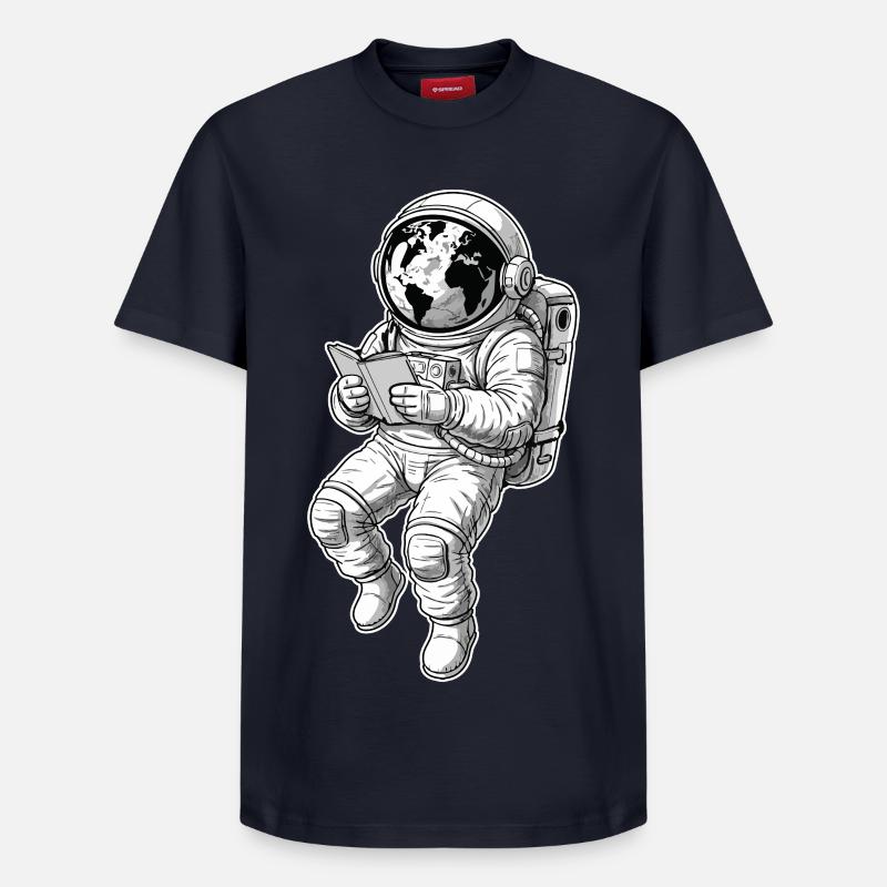 Astronaut Reading Space Earth - Relaxed Unisex Supima Cotton T-Shirt – von SPREAD - Navy