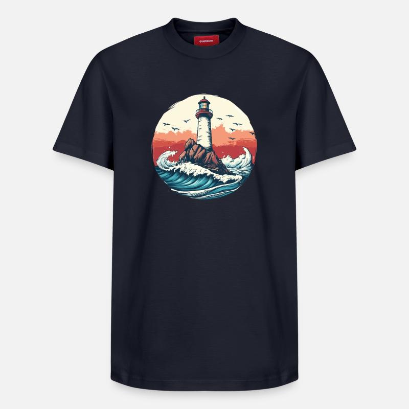 Phare sur une mer agitée - T-shirt unisexe décontracté en coton Supima – de SPREAD - bleu marine
