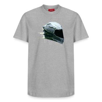 Cyber Moto Helmet Glitch Racing Future Gamer - Relaxed Unisex Supima Cotton T-Shirt – by SPREAD - heather grey - Front - AI Model Female 172 dark (172cm) & AI Model Male 185 dark (185cm)