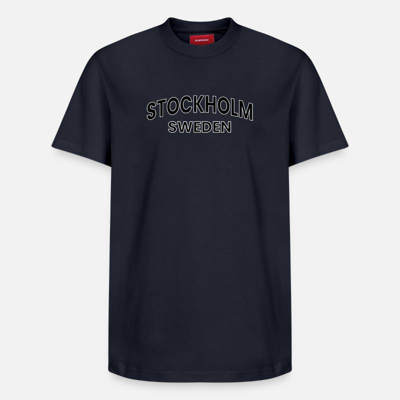 Conception de texte Stockholm – Suède - T-shirt unisexe décontracté en coton Supima – de SPREAD - bleu marine