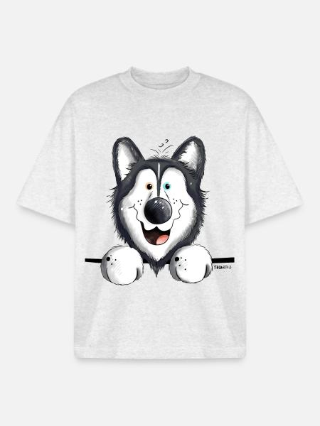 Happy Husky - Boxy Heavyweight Unisex Organic T-Shirt by Stanley/Stella - cool heather grey
