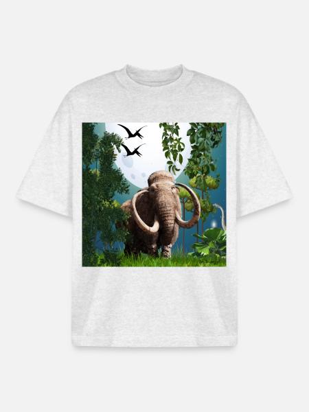 Moonlit Mammoth in Jungle Night - Boxy Heavyweight Unisex Organic T-Shirt by Stanley/Stella - cool heather grey
