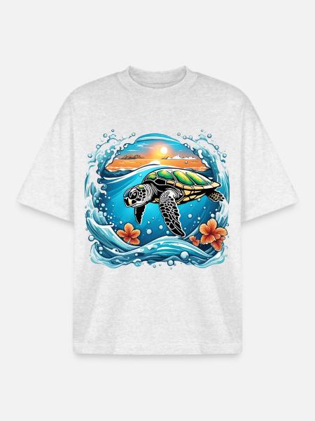 Sunset turtle by the sea - Boxy Heavyweight Unisex Organic T-Shirt by Stanley/Stella - cool heather grey